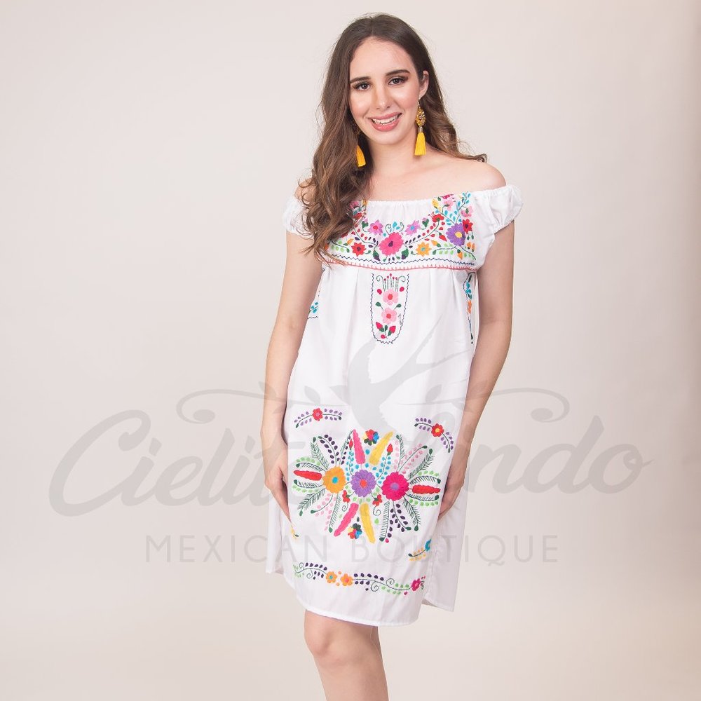 Mexican Floral Embroidered Off the Shoulder Dress Evelia White